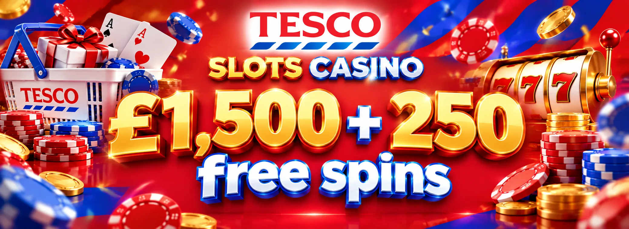 Tesco Slots Casino promotions board showing the £1,500 match and 250 free spins